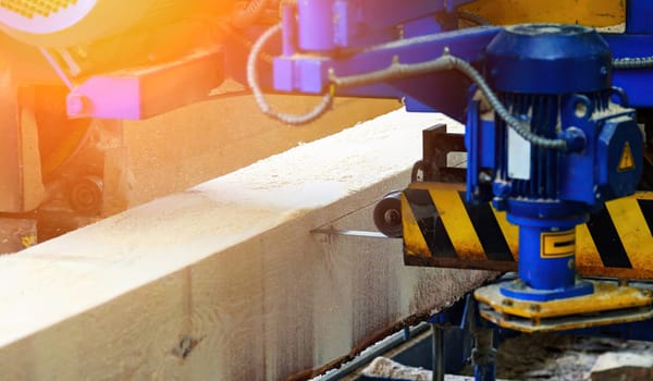 Heavy machinery is actively cutting a large piece of timber in a well-lit workshop, showcasing the precision of wood processing.