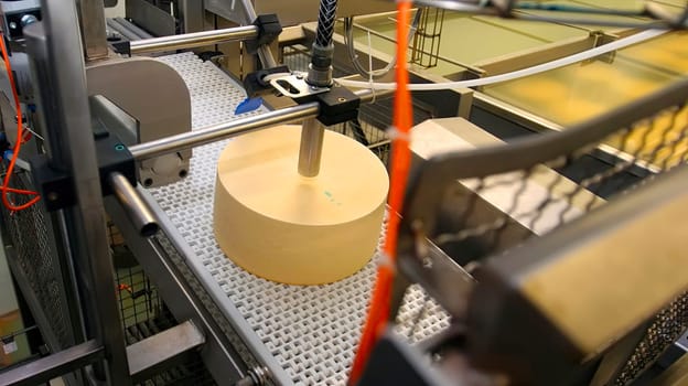 A large cheese wheel moves along a conveyor belt as machines process it in a dairy production facility during daytime operations.