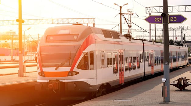 A modern train pulls into the platform during sunset, creating a serene atmosphere at the suburban railway station.