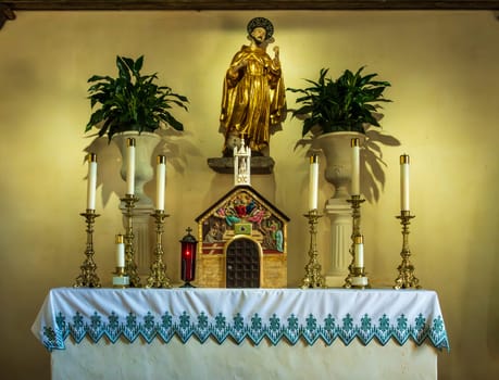 Detail of altar in the interior of Mission Espada church near San Antonio