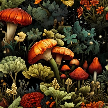 Mushrooms in the autumn forest seamless pattern tile, created with generative AI