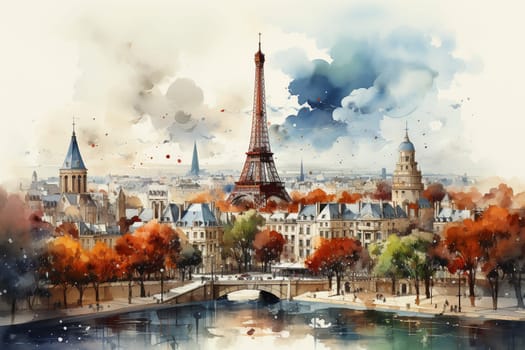 Paris skyline watercolor painting style, created with generative AI