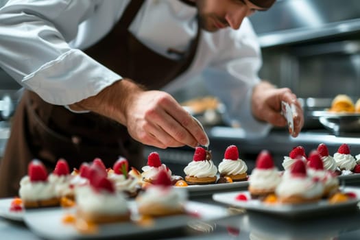 Focused chef delicately finishes gourmet desserts with precision