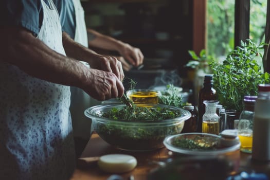 Hands skillfully prepare a colorful mix of fresh herbs and ingredients in a warm, inviting kitchen filled with natural light.