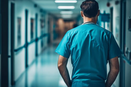 A dedicated healthcare worker pauses in a dimly lit hospital hallway, contemplating responsibilities and patient well-being during a quiet moment.