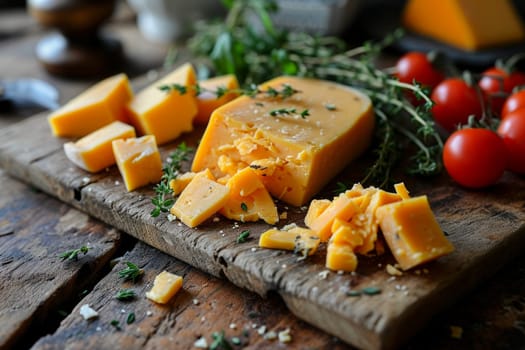 Aged cheddar cheese with holes is the centerpiece on a rustic wooden board, accompanied by cherry tomatoes, fresh herbs, and a vintage cheese knife. created with generative AI technology
