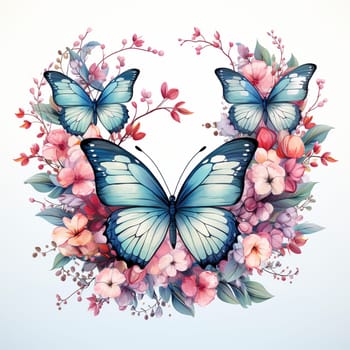 Flowers and butterflies wreath isolated on the white background, created with generative AI