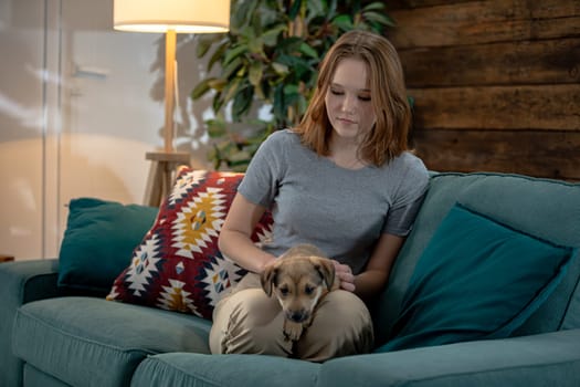 A woman sits comfortably on a cozy couch, enjoying a serene moment with her beloved dog in the warm living room