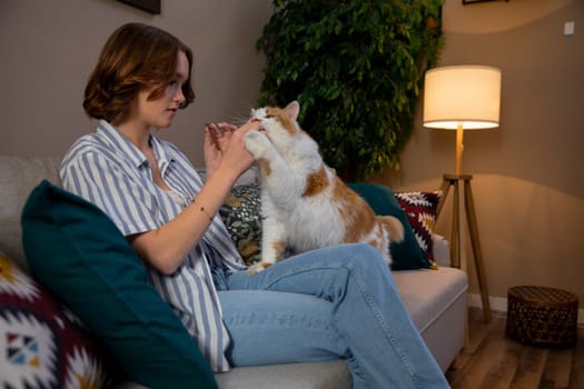 A woman is relaxing and enjoying quality time with her playful, fluffy cat in a stylish and cozy living space