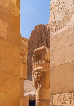 Large statue of pharoah at Hatshepsut Temple near Luxor Egypt by the columns of the Mortuary