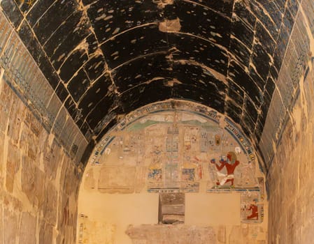 Detail of the wall paintings and ceiling of the Mortuary Temple of Hatshepsut near Luxor, Egypt.
