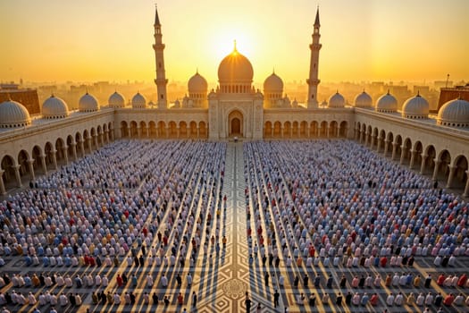 Thousands of worshippers pray in a grand mosque courtyard at Eid sunrise. The golden light enhances the Islamic architecture, symbolizing unity, faith, and spiritual devotion