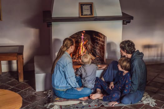 Family bonding by the fireplace during cozy winter evening. Warm and peaceful family moment indoors. Togetherness, love, and relaxation concept. A warm and inviting scene featuring a lit fireplace with glowing firewood and candles. A colorful traditional rug and pillow lie on the floor, creating a cozy atmosphere. Home, relaxation, and rustic comfort concept.