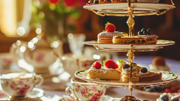 Elegant table setting for tea party with cakes and cupcakes in English manor. Selective focus. Vintage style