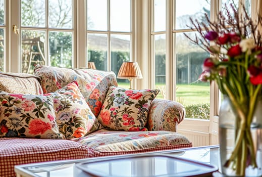Colorful pillows on sofa against glass wall of window in a winter garden or conservatory. Interior textile concept. High quality photo