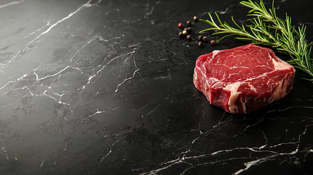 Dark stone surface with a fresh piece of beef with a sprig of rosemary and peppercorns. Mood for gourmets and connoisseurs of quality meat. AI generated.