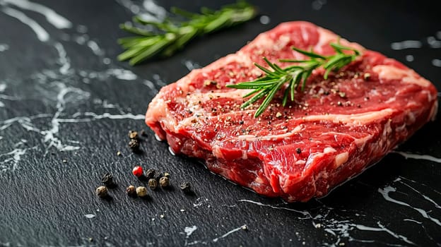 Dark stone surface with a fresh piece of beef with a sprig of rosemary and peppercorns. Mood for gourmets and connoisseurs of quality meat. AI generated.