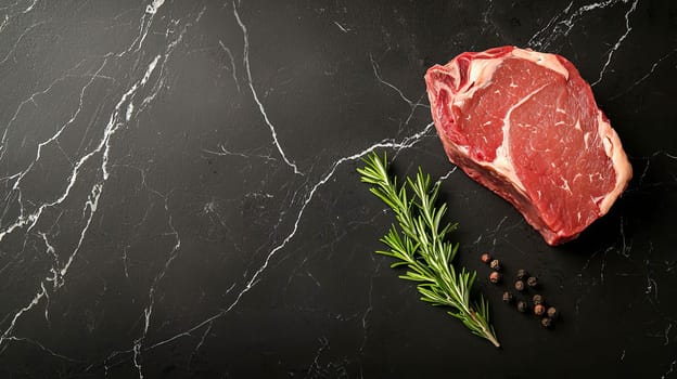 Dark stone surface with a fresh piece of beef with a sprig of rosemary and peppercorns. Mood for gourmets and connoisseurs of quality meat. AI generated.