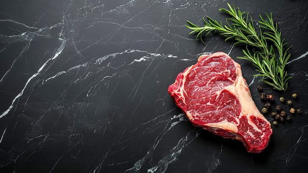 Dark stone surface with a fresh piece of beef with a sprig of rosemary and peppercorns. Mood for gourmets and connoisseurs of quality meat. AI generated.