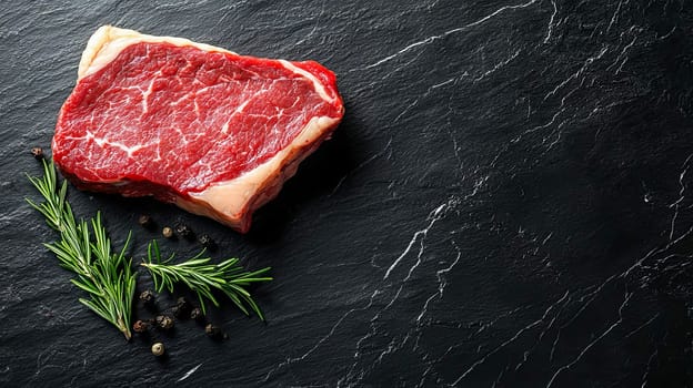 Dark stone surface with a fresh piece of beef with a sprig of rosemary and peppercorns. Mood for gourmets and connoisseurs of quality meat. AI generated.