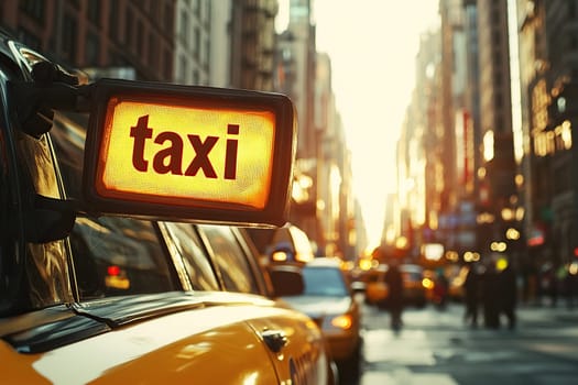 Taxi sign on yellow car on crowded street of metropolis with blurred background.