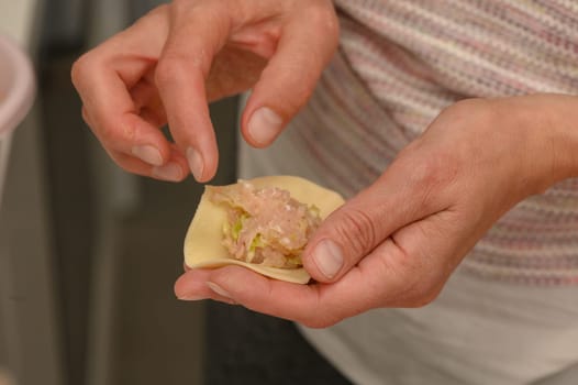 Hands skillfully prepare dumplings, showcasing the art of cooking in a warm and inviting kitchen atmosphere.