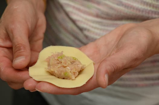 Hands skillfully craft a dumpling, filled with savory meat and herbs, in a warm, inviting kitchen atmosphere.