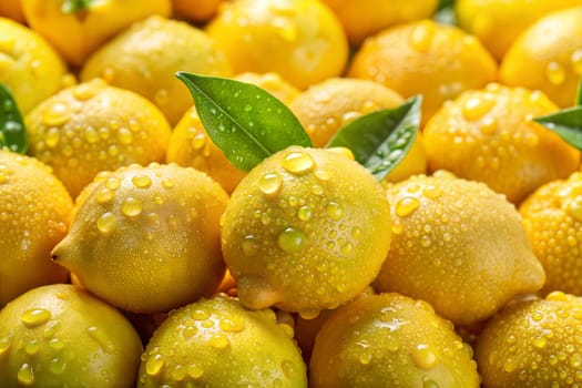 Close-up view of fresh lemons with dew drops on their surface, showcasing their bright yellow color and glossy texture, with green leaves on top.
