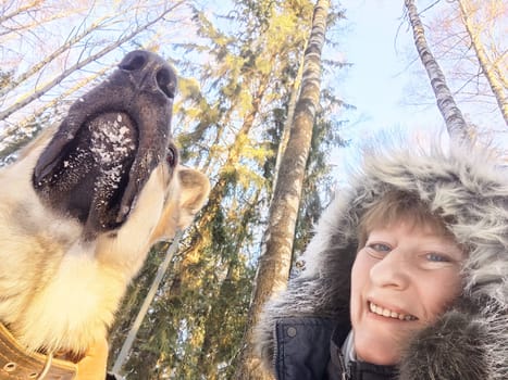 A cheerful middle-aged woman snaps a selfie with her German Shepherd in snowy trees during winter.