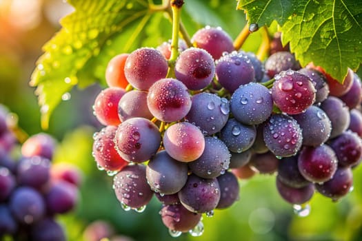 Close-up of fresh grapes with dew drops hanging on them in sunlight, creating a refreshing and vibrant image, perfect for food photography.
