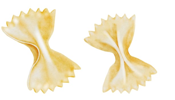 Pasta farfalle watercolor set. Hand drawn italian macaroni on white background. Food clip art. Ideal for pasta packaging, restaurant menus and posters. High quality illustration