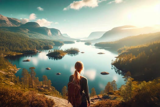 A female hiker is engaged in haikink with a tent on the picturesque Scandinavian shores.