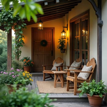A cozy outdoor porch with wooden chairs, plants, and warm lighting. AI generated