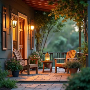 A cozy outdoor porch with wooden chairs, plants, and warm lighting. AI generated