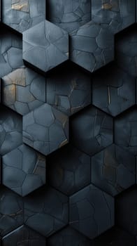 Dark hexagonal tiles form a captivating pattern, showcasing cracked textures that enhance the visual appeal. This design reflects a modern aesthetic with depth and character.