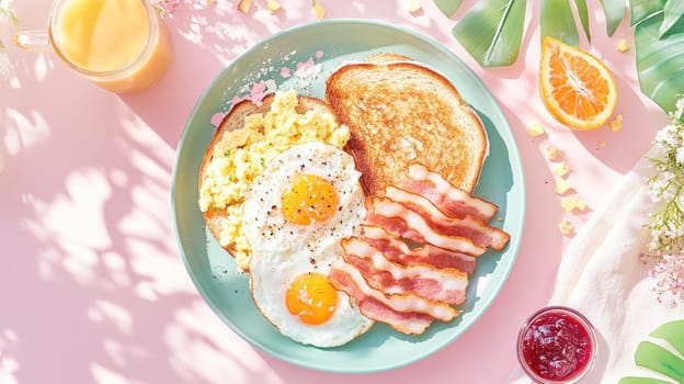A vibrant breakfast display includes scrambled eggs, sunny-side-up eggs, crispy bacon, and toasted bread, accompanied by fresh orange juice and a slice of fruit.