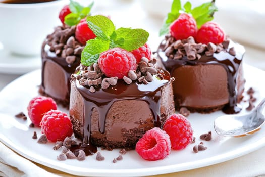 Three chocolate mousse desserts are artfully arranged on a white plate, garnished with fresh raspberries, chocolate chips, and mint leaves. The setting is bright and inviting.