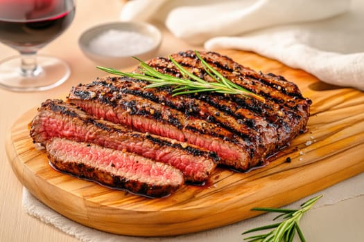 A beautifully cooked grilled steak rests on a wooden cutting board, garnished with fresh rosemary. A glass of red wine is elegantly placed nearby, enhancing the dining experience.