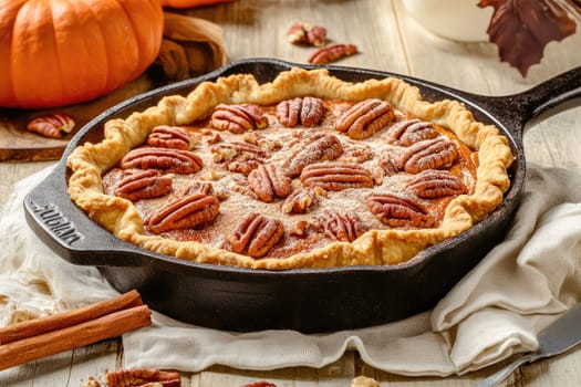 A delicious pecan pie sits in a cast iron skillet, featuring a golden crust and toasted pecans. Surrounding the skillet are autumn-themed decorations, emphasizing the seasonal delight.