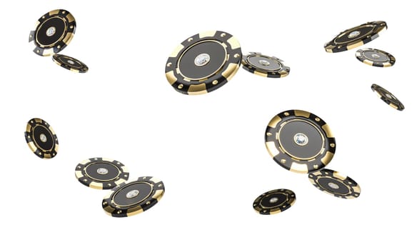 Black and gold casino chips falling on transparent background 3d