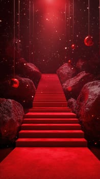 A captivating red stairway ascends into a mysterious environment filled with shimmering lights and hanging red ornaments. Dark rocks frame the steps, enhancing the fantastical setting.