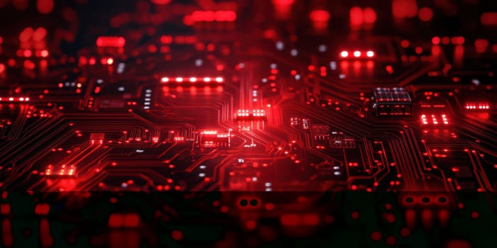 An intricate electronic circuit board features numerous pathways and components, glowing vividly with red lights, creating a captivating and high-tech aesthetic in a dimly lit space.