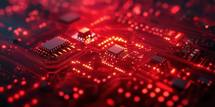A close-up view of a circuit board featuring detailed connections and electronic components. Bright red lights create a striking visual effect, highlighting the complexity of modern technology.