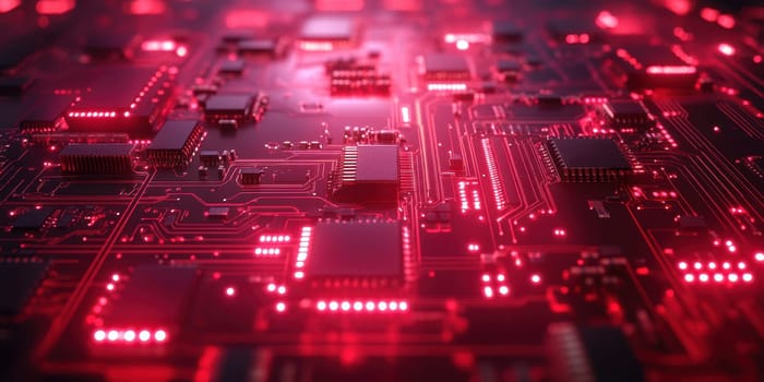 A detailed view of a circuit board adorned with various electronic components highlighted by glowing red lights. The complex layout emphasizes technology and innovation.