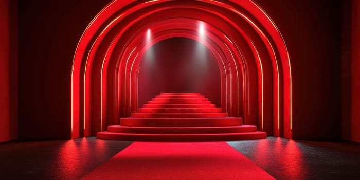 A striking entrance showcases red arches and a plush carpet leading up to illuminated steps, perfect for ceremonies or gala events. The vibrant colors create a captivating ambiance.