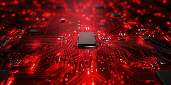 Close-up view of a complex circuit board illuminated with red lights. The intricate pathways and chip components highlight the sophistication of modern technology in electronic devices.