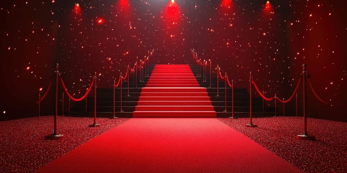 A lavish red carpet leads up a grand staircase, surrounded by shimmering lights and velvet ropes, creating an elegant atmosphere for a special occasion.
