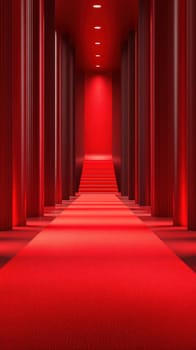 A striking corridor features tall columns with red lighting and a plush red carpet. The pathway extends toward a well-lit area, creating an enchanting atmosphere.