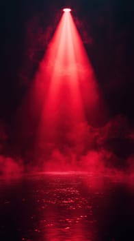 A red spotlight illuminates a dark space, casting dramatic rays through lingering smoke and reflecting softly on the water's surface, creating a mysterious mood.