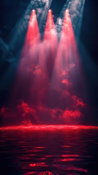 Bright red lights illuminate a darkened space, casting dramatic shadows on a tranquil water surface. The clouds add depth to the striking scene, enhancing the mood.